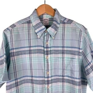Brooks Brothers Regent Irish Linen Shirt Mens L Short Sleeve Plaid Button Up